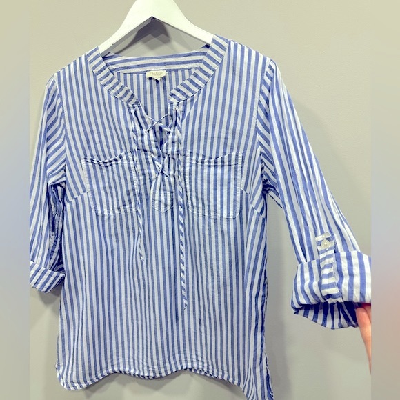 Talbots Striped Front Tie Roll Tab Sleeves Top Blouse Pullover Medium Petite - Picture 5 of 9